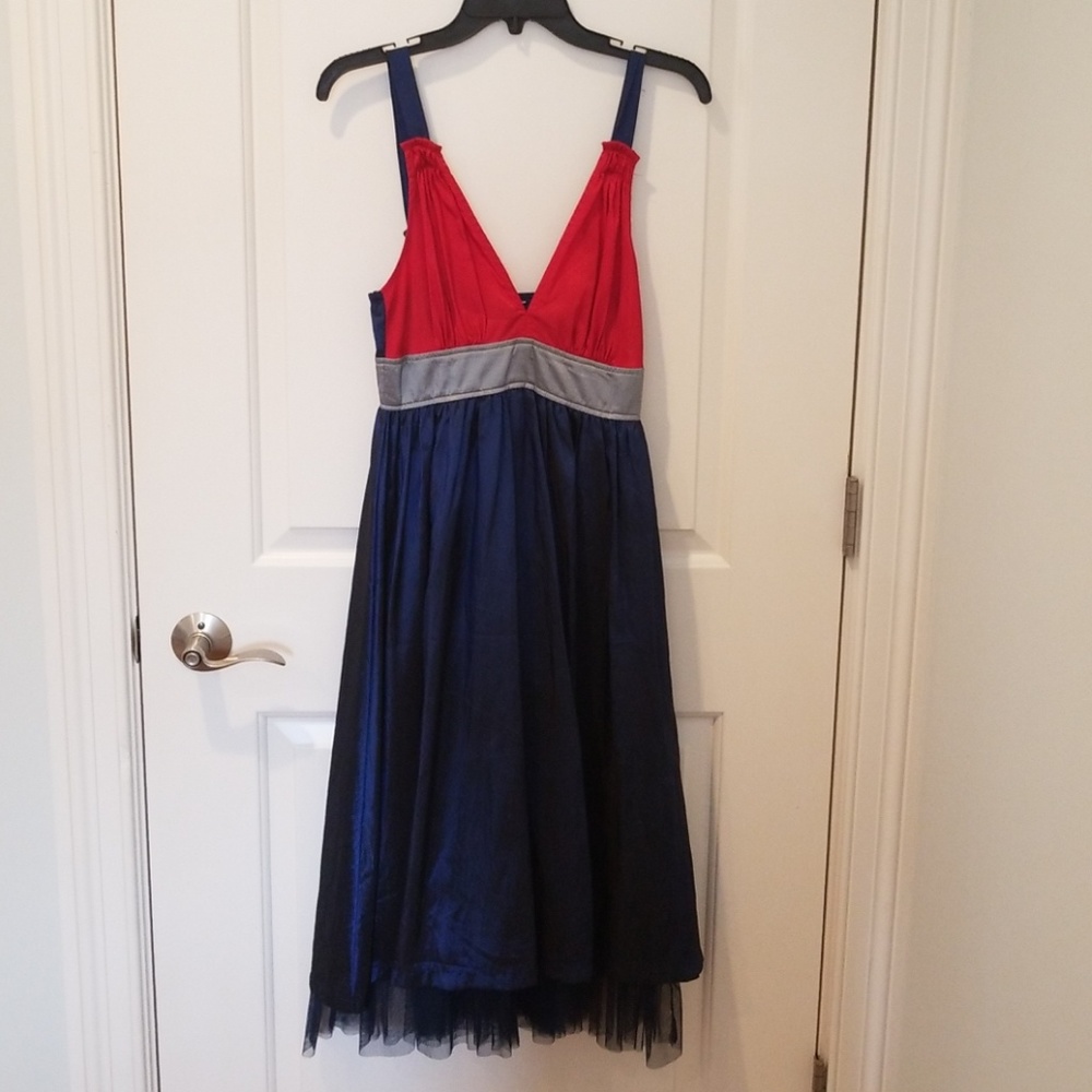 Blue and red midi dress with tulle underlay